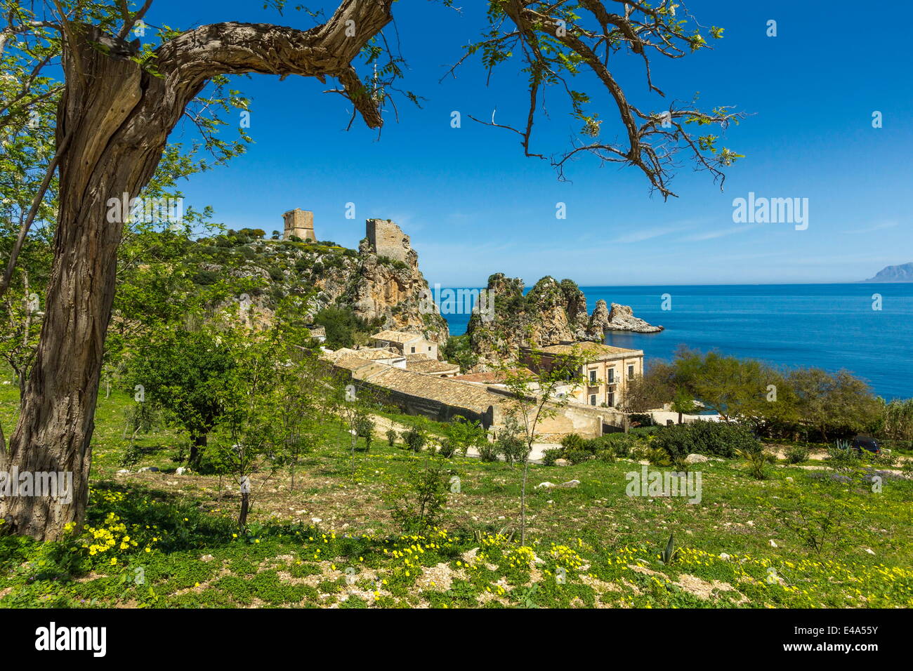 Old towers and buildings at the Tonnara di Scopello, an old tuna fishery, Scopello, Trapani, Sicily Stock Photo