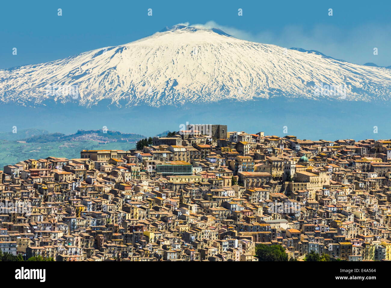 Hill town with backdrop of snowy volcano Mount Etna, Gangi, Palermo Province, Sicily, Italy, Mediterranean, Europe Stock Photo