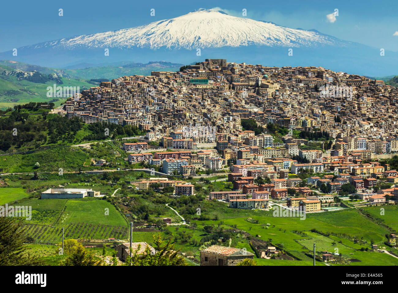Hill town with backdrop of snowy volcano Mount Etna, Gangi, Palermo Province, Sicily, Italy, Mediterranean, Europe Stock Photo