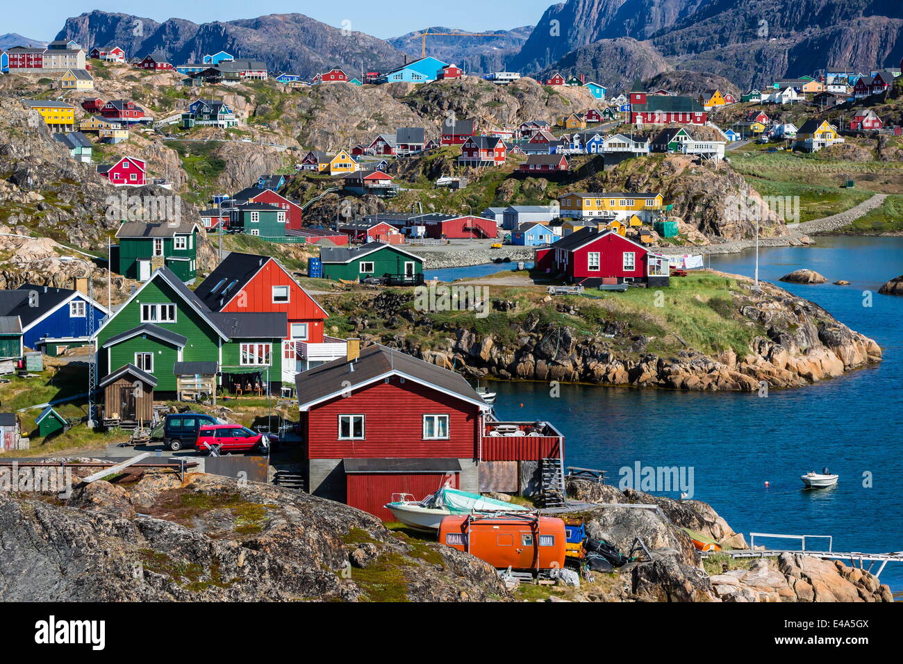 View of the brightly colored houses in Sisimiut, Greenland, Polar Regions Stock Photo