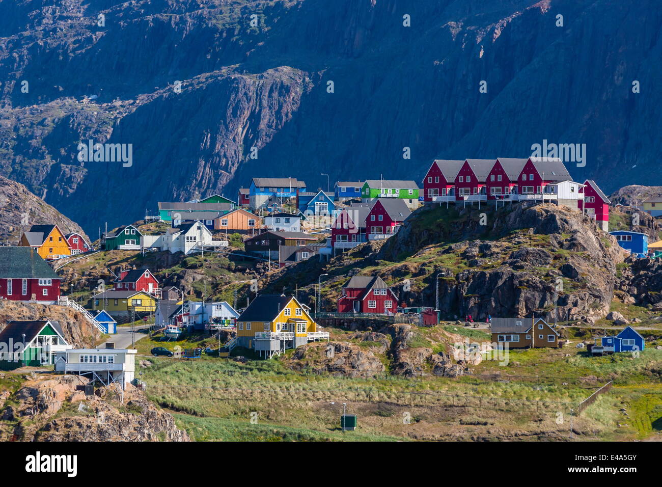 View of the brightly colored houses in Sisimiut, Greenland, Polar Regions Stock Photo