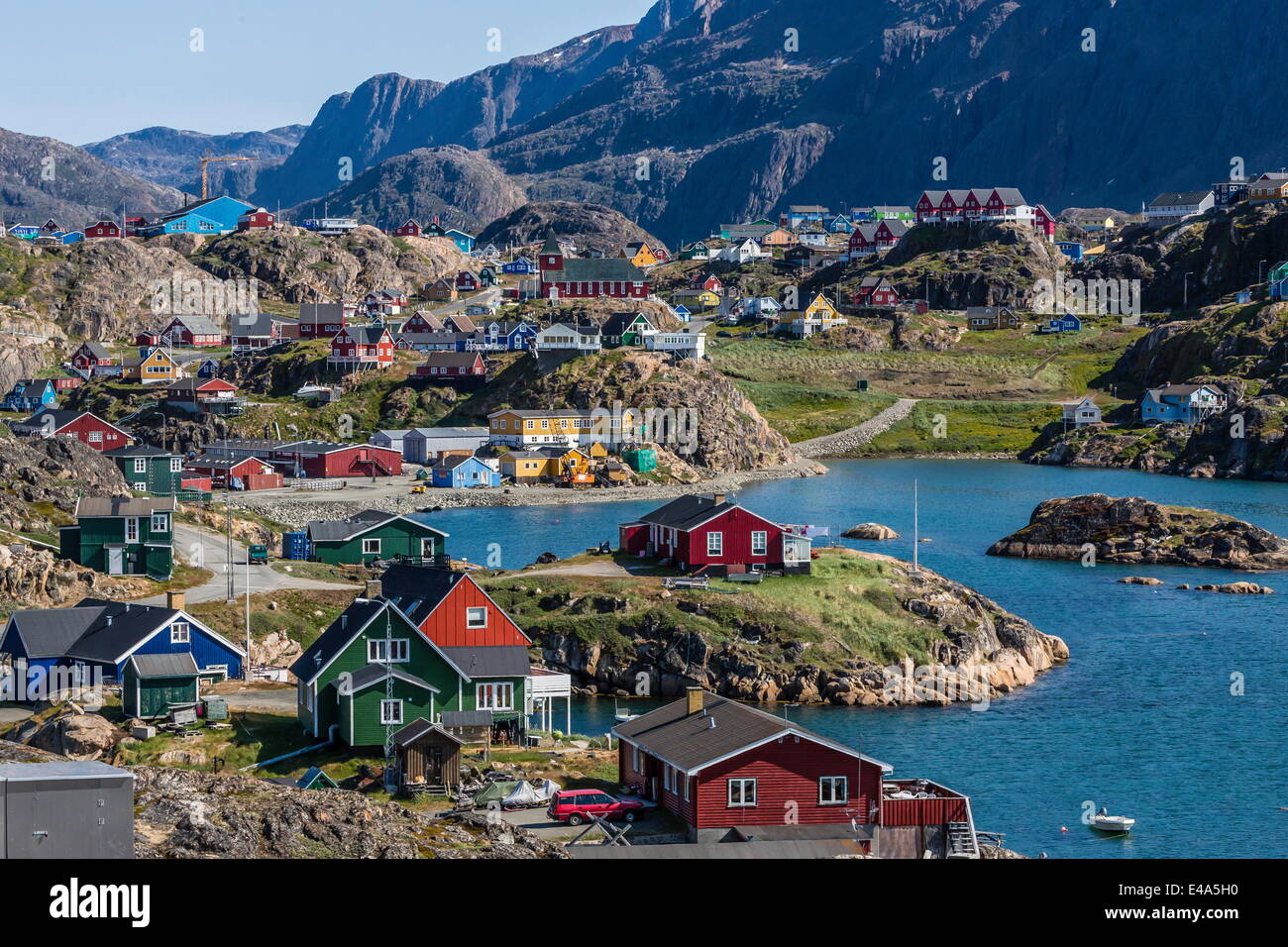 View of the brightly colored houses in Sisimiut, Greenland, Polar Regions Stock Photo