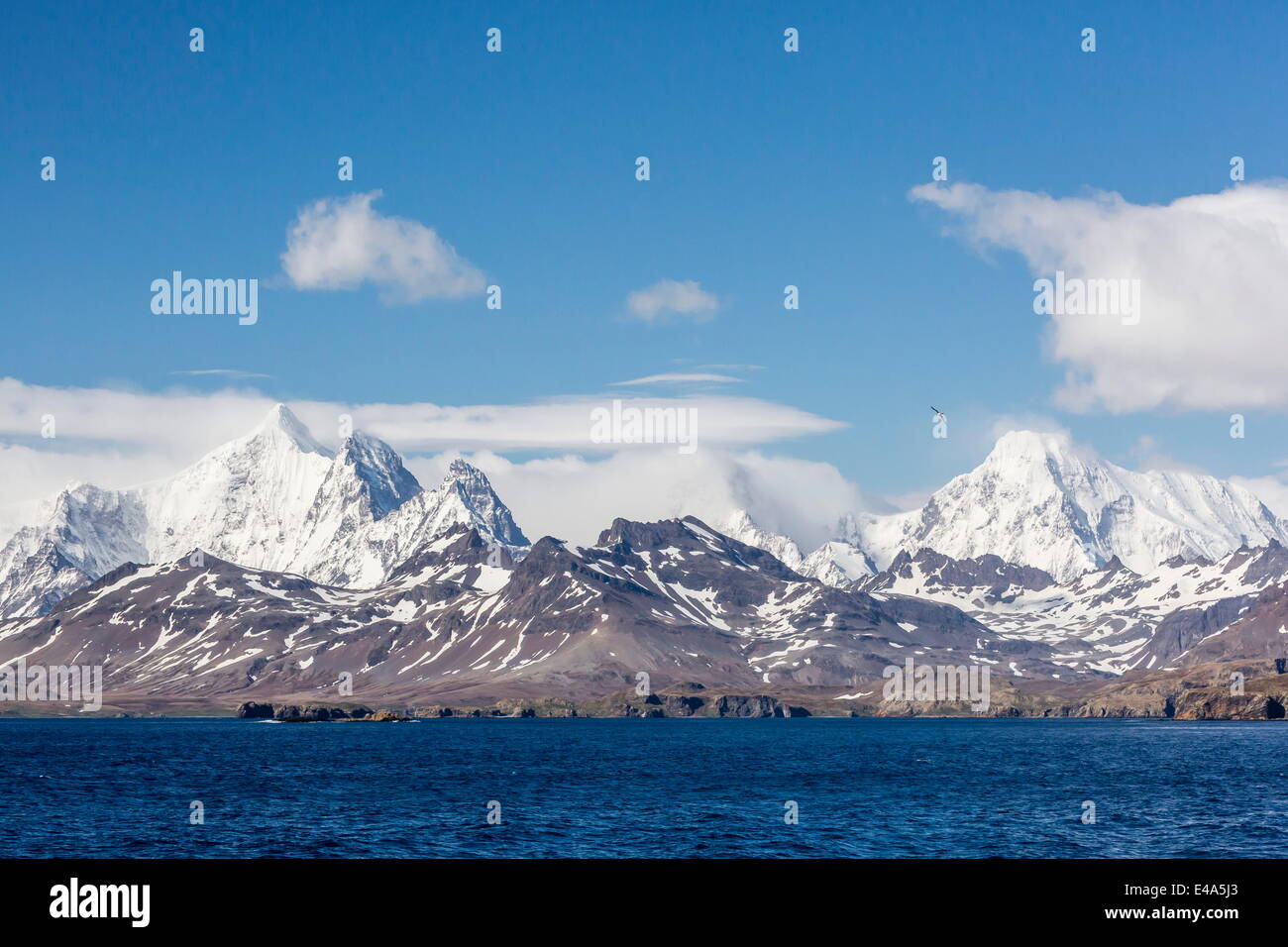 View of snow-capped mountains on approach to Stromness Harbor, South Georgia, UK Overseas Protectorate, Polar Regions Stock Photo