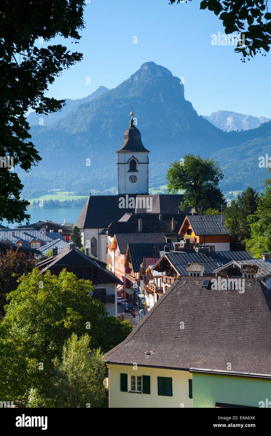 Elevated view over Parish Church and St. Wolfgang, Wolfgangsee lake, Flachgau, Salzburg, Upper Austria, Austria, Europe Stock Photo