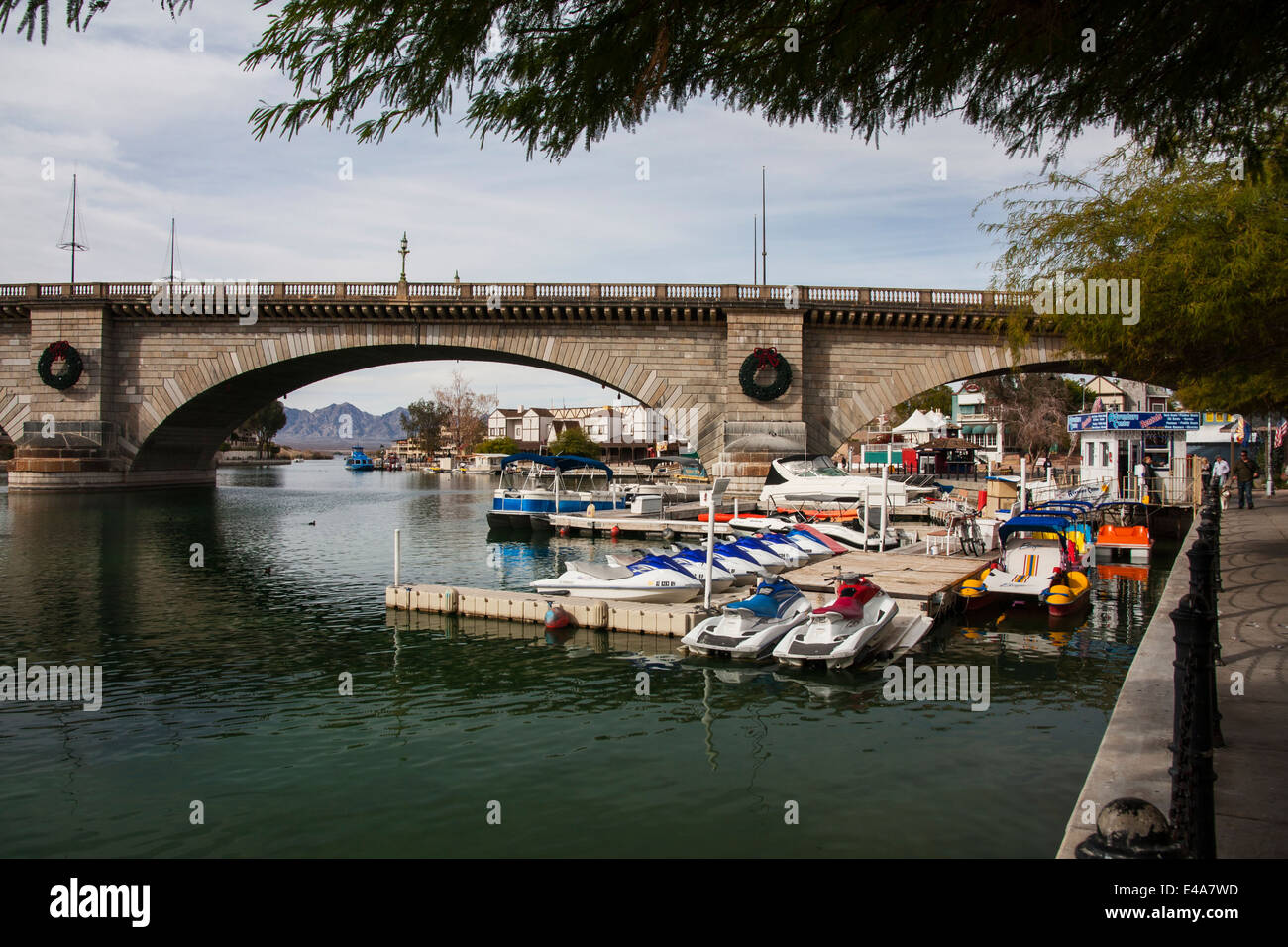 lake havasu city, arizona, usa, boats and marina with london bridge in