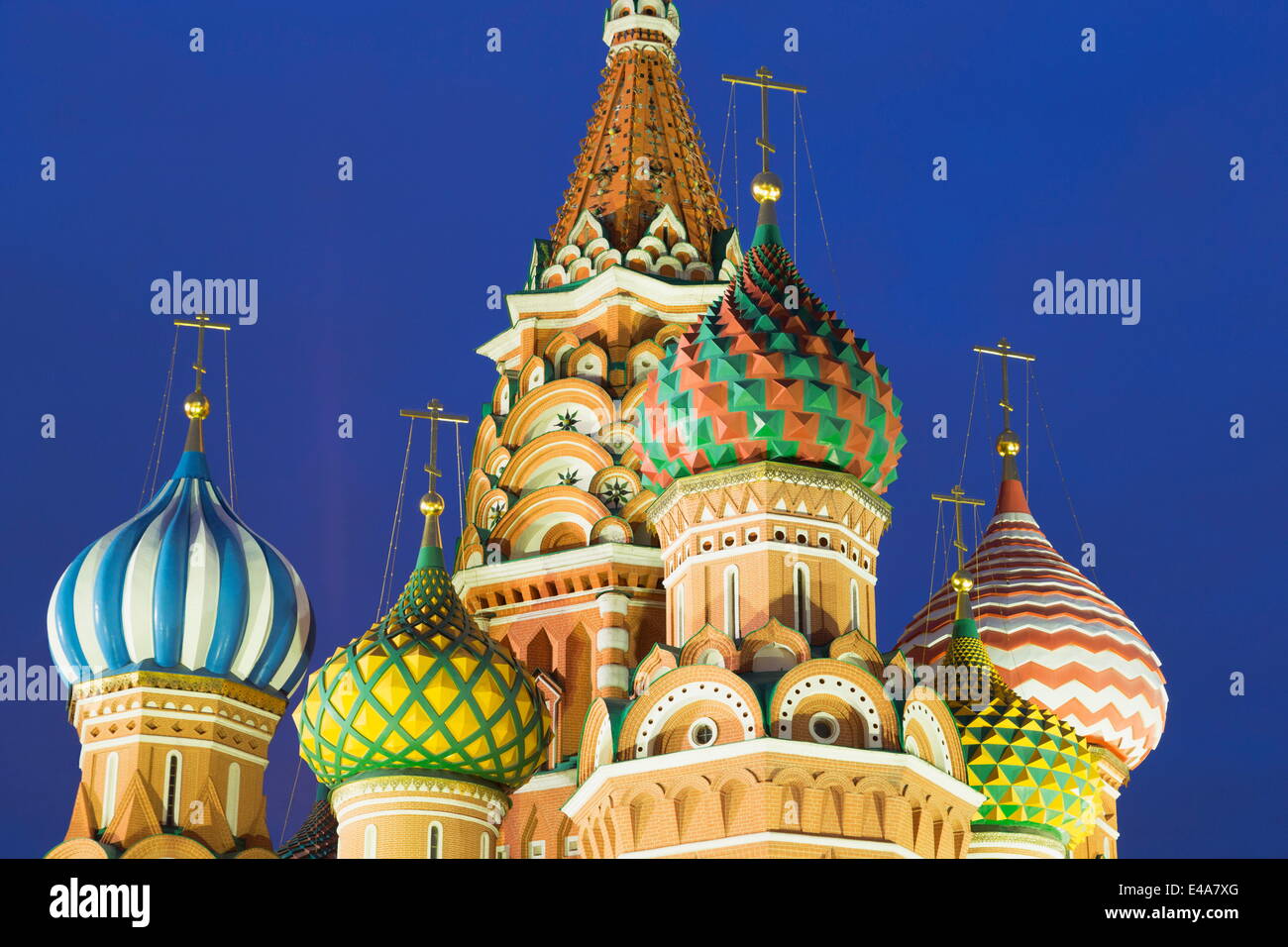 Onion domes of St. Basil's Cathedral in Red Square illuminated at night