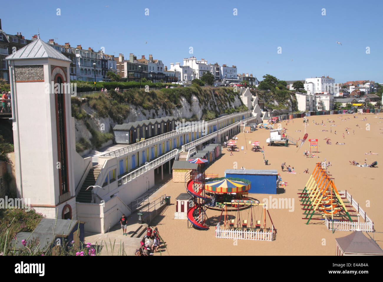 View of Viking Bay Beach and beach huts Broadstairs Kent Stock Photo
