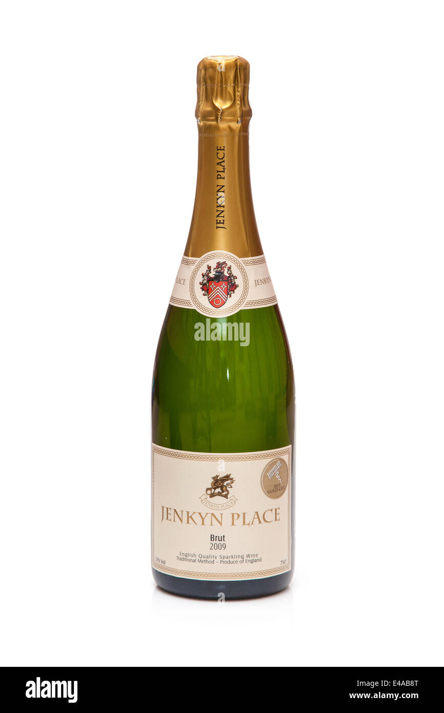 Bottle of Jenkyn Place 2009, English sparkling wine or champagne isolated on a white studio background Stock Photo