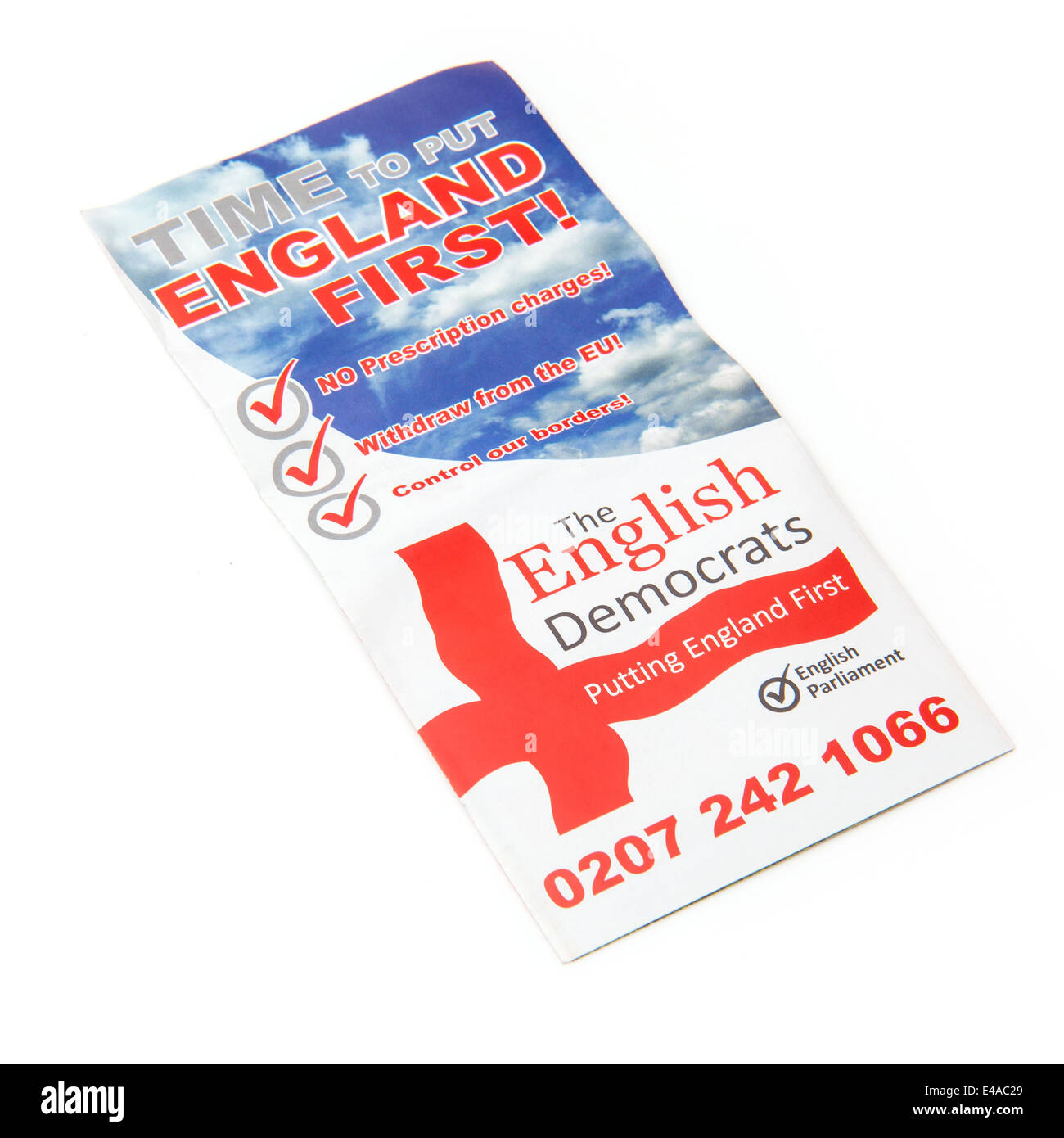Political leaflet for the English Democrats isolated on a white studio background. Stock Photo
