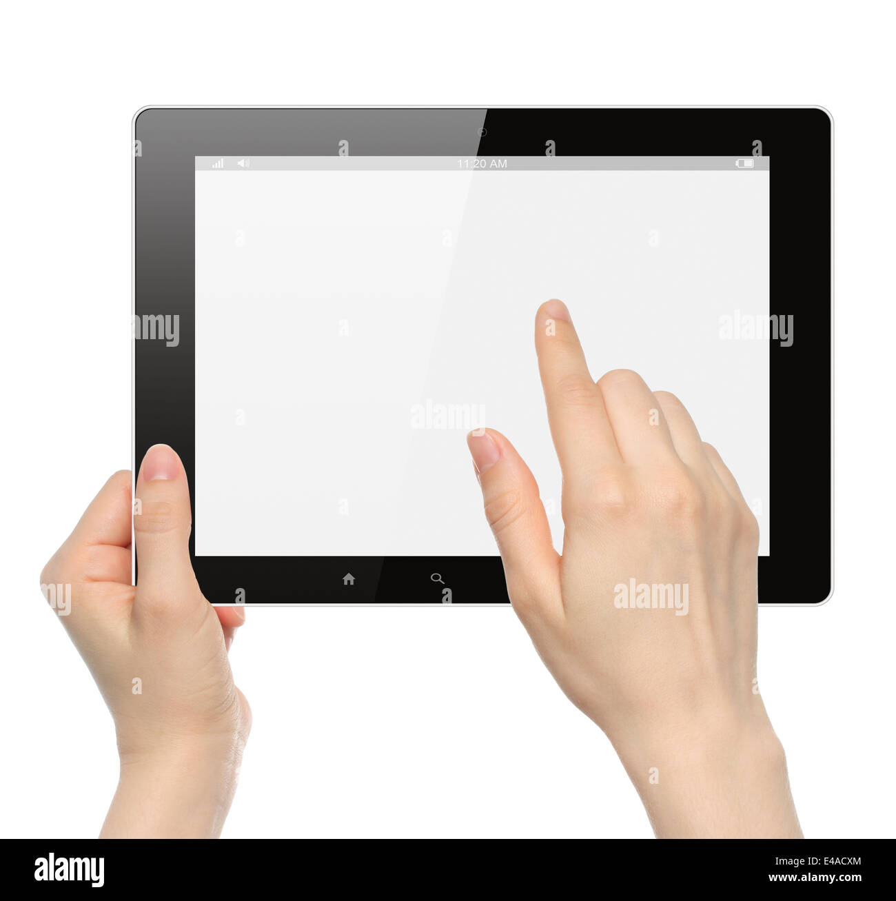 Woman hands hold and touch tablet PC on white background Stock Photo ...