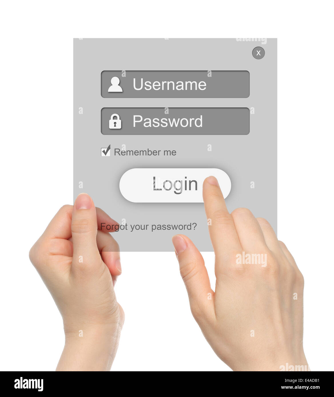 Women hands hold and touch login box on white background Stock Photo