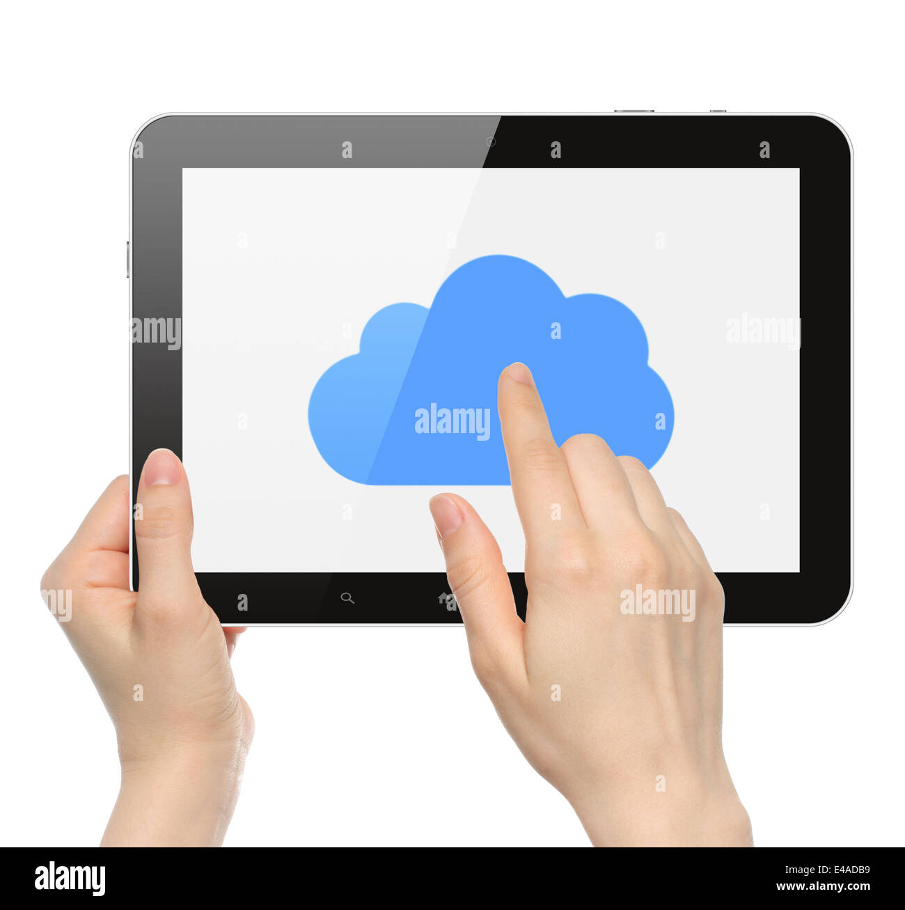 Women hands hold and touch tablet PC with cloud on white background ...