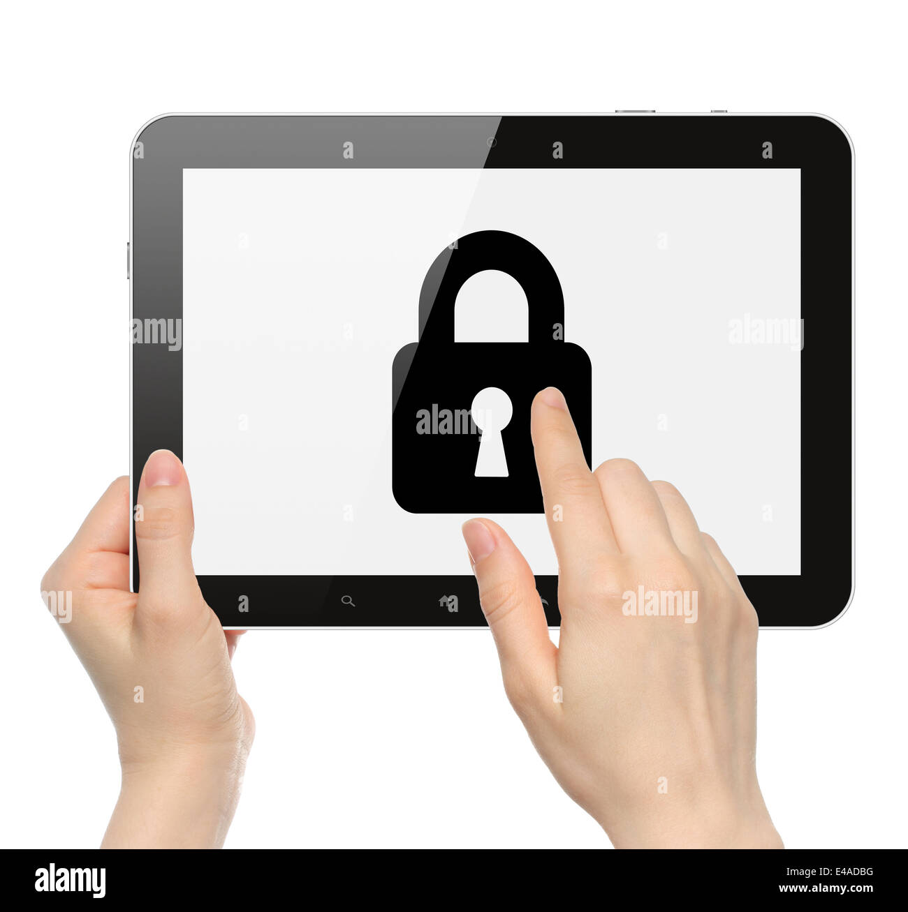 Women hands hold and touch tablet PC with lock on white background Stock Photo