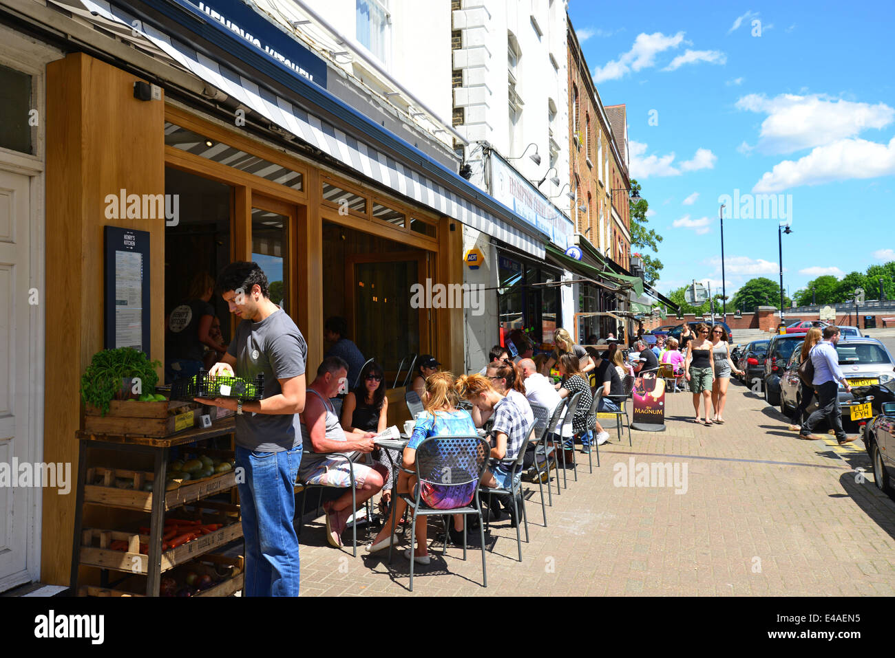 Pavement cafes, Bridge Street, East Molesey, Surrey, England, United Kingdom Stock Photo