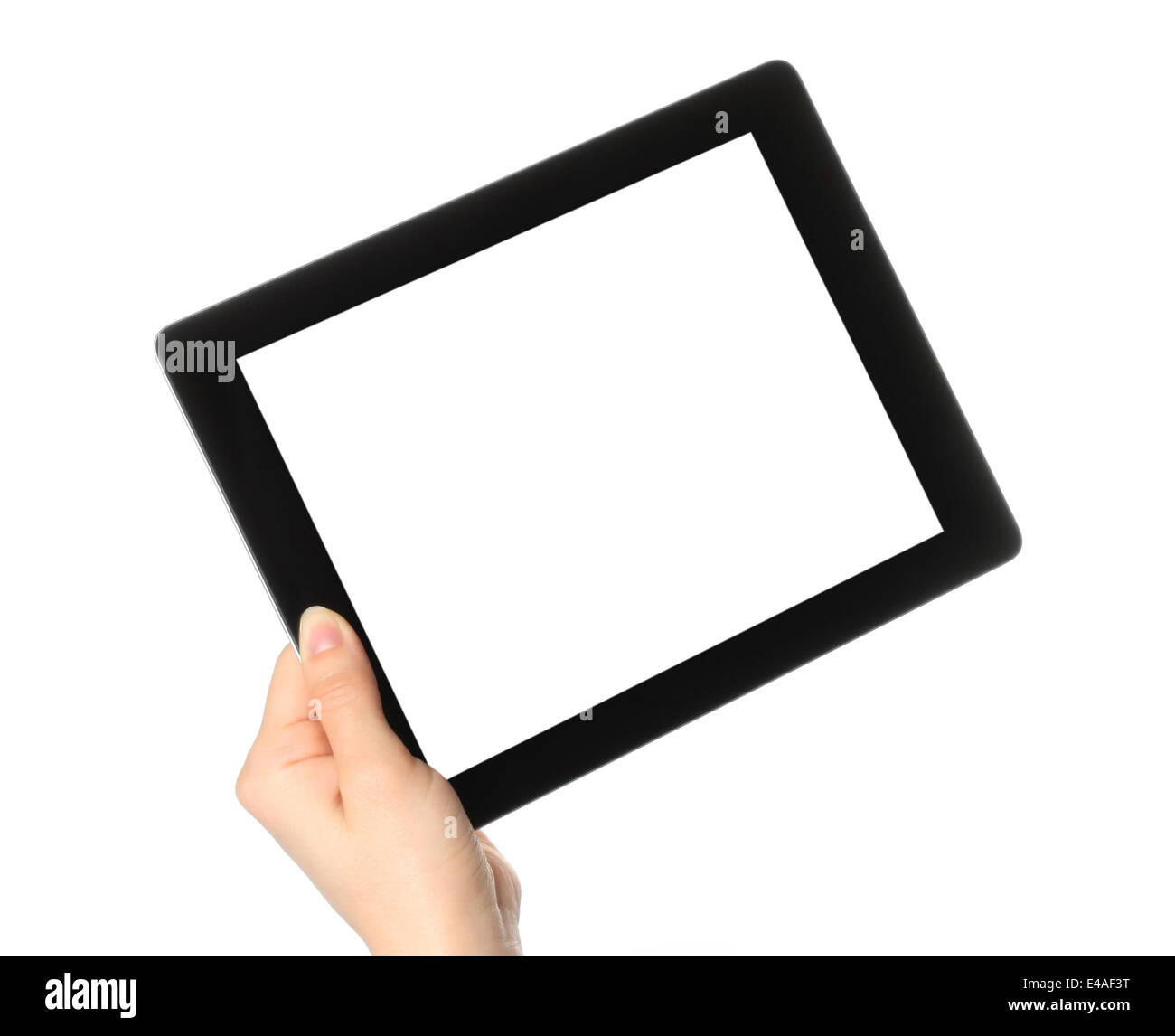 Woman hand holding tablet PC on white background Stock Photo - Alamy