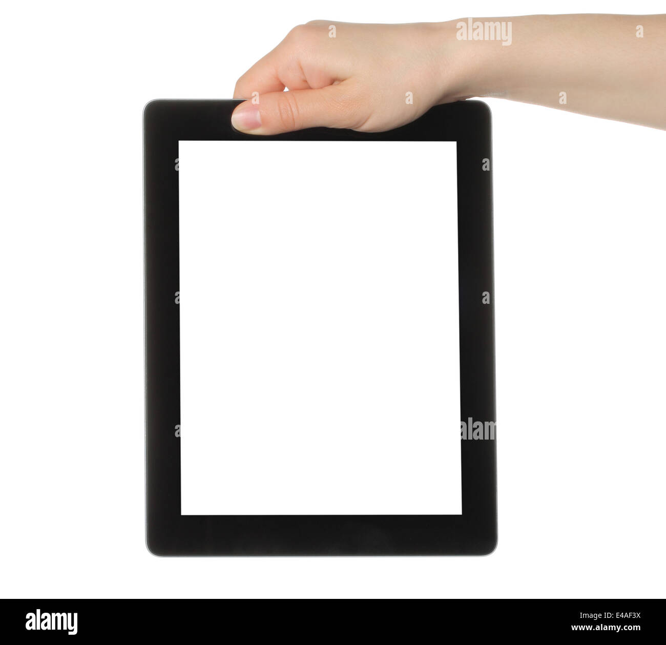 Woman hand holding tablet PC on white background Stock Photo - Alamy