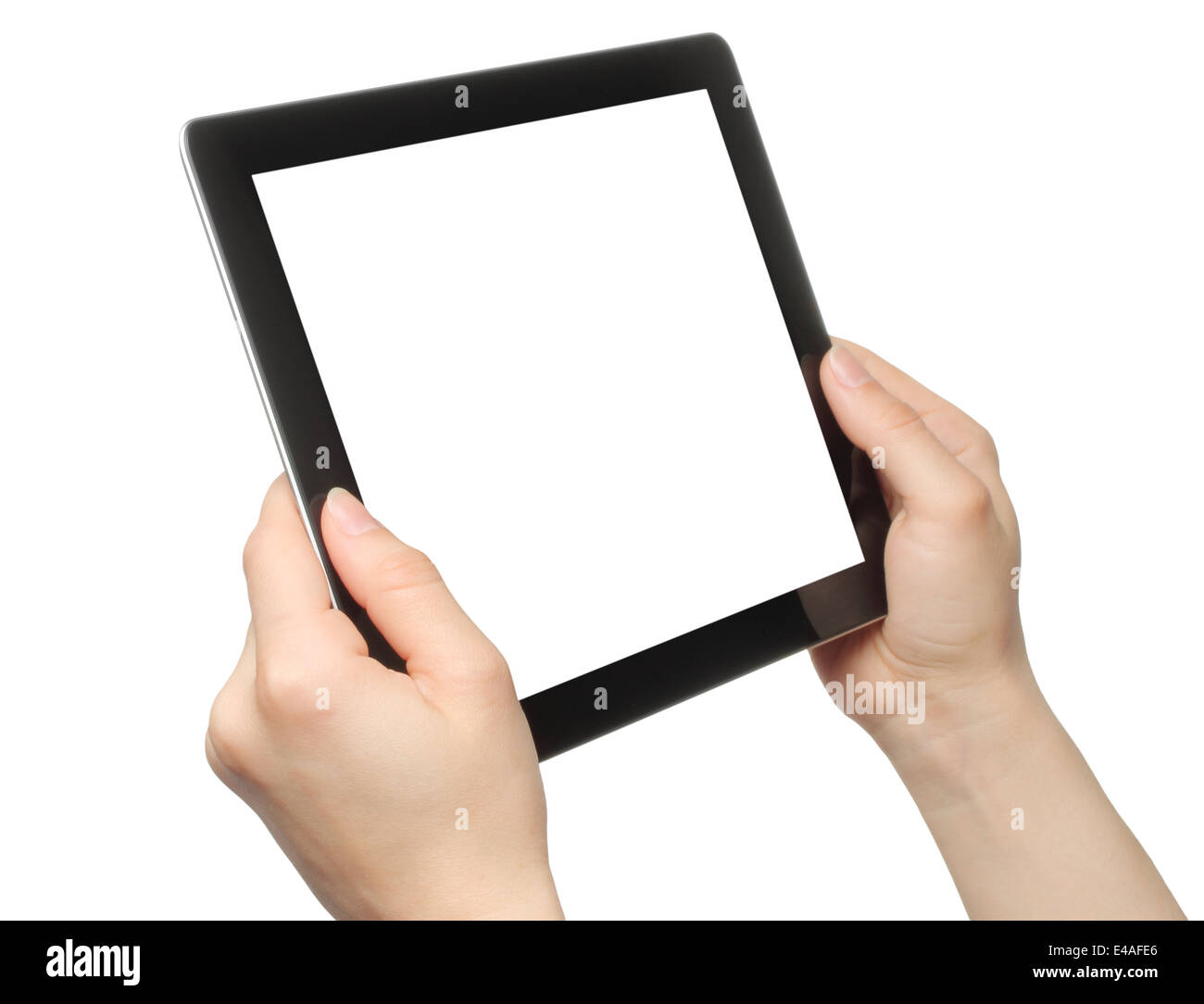 Woman hands holding tablet PC on white background Stock Photo - Alamy