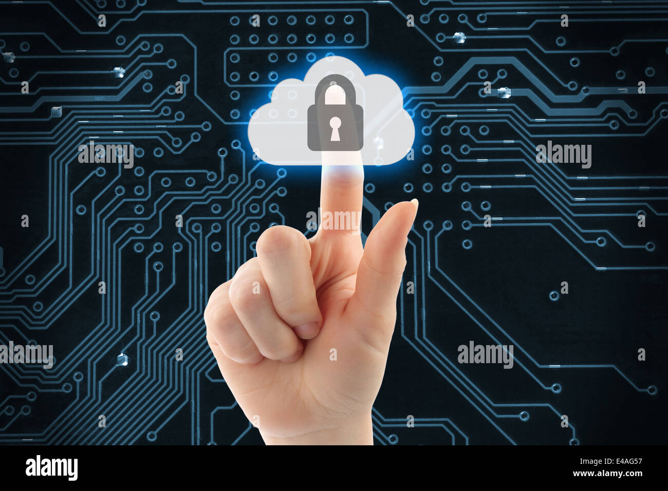 Hand pushing virtual cloud security button on digital background Stock Photo