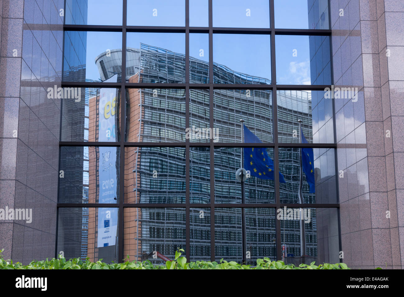 Belgium, Brussels, European Commission, Front of the Consilium with mirrored Berlaymont building Stock Photo