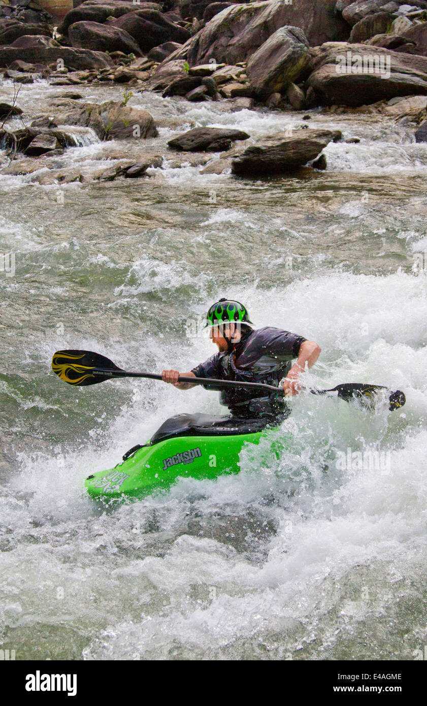 Whitewater kayaker paddling on Ocoee River in Ducktown, Tennessee USA