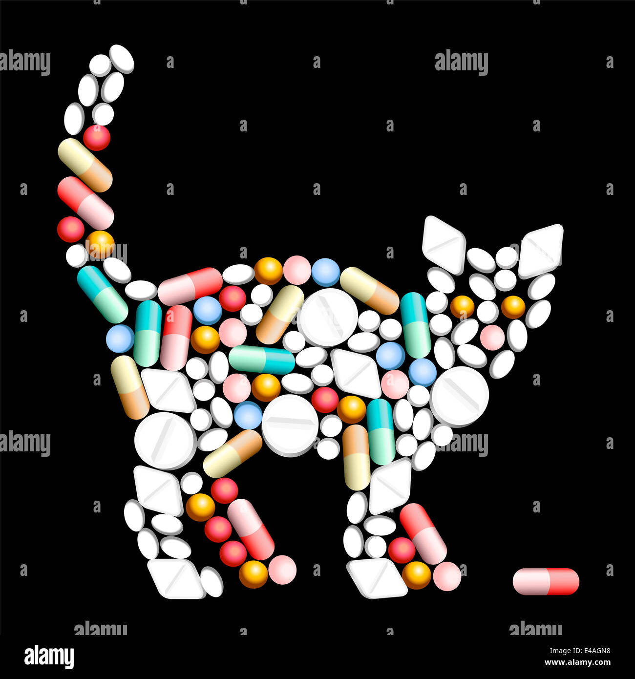 Tablets, pills and capsules, that shape the silhouette of a cat. Stock Photo