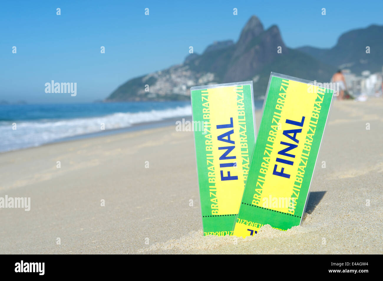 Two tickets to final World Cup football event in sand on Ipanema Beach Rio de Janeiro Brazil Stock Photo