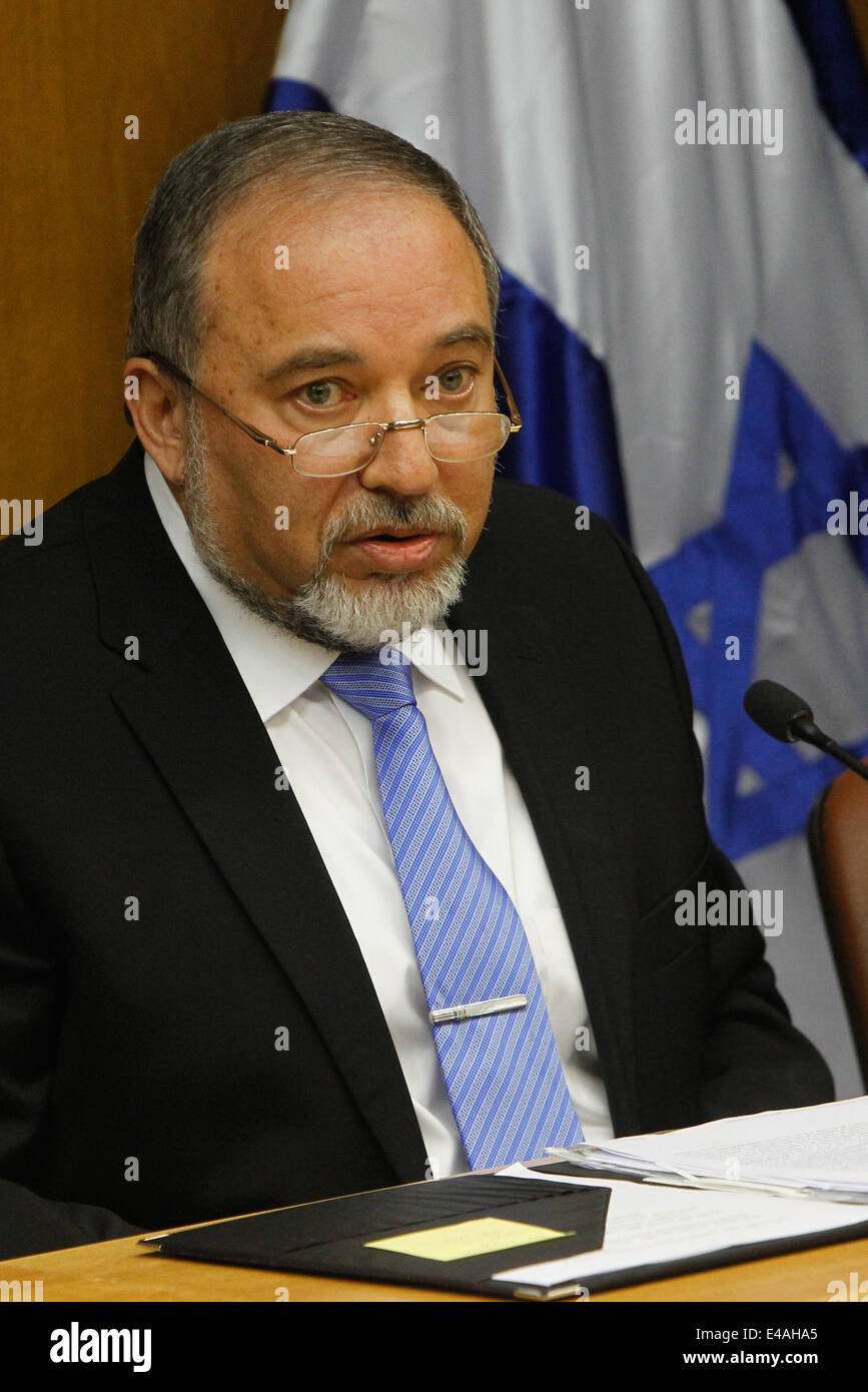 Jerusalem, Israel. 7th July, 2014. Israeli Foreign Minister Avigdor Lieberman attends a news conference at the Knesset (parliament) in Jerusalem, on July 7, 2014. Avigdor Lieberman announced on Monday he decided to sever the joint faction he established with Prime Minister Benjamin Netanyahu due to 'fundamental disagreements.' Netanyahu and Lieberman have had disagreements over how Israel should respond to the recent outbreak of violence (among which the kidnap and murder of the three Israeli teens) and volleys of rockets from the Gaza Strip. Credit:  Xinhua/Alamy Live News Stock Photo