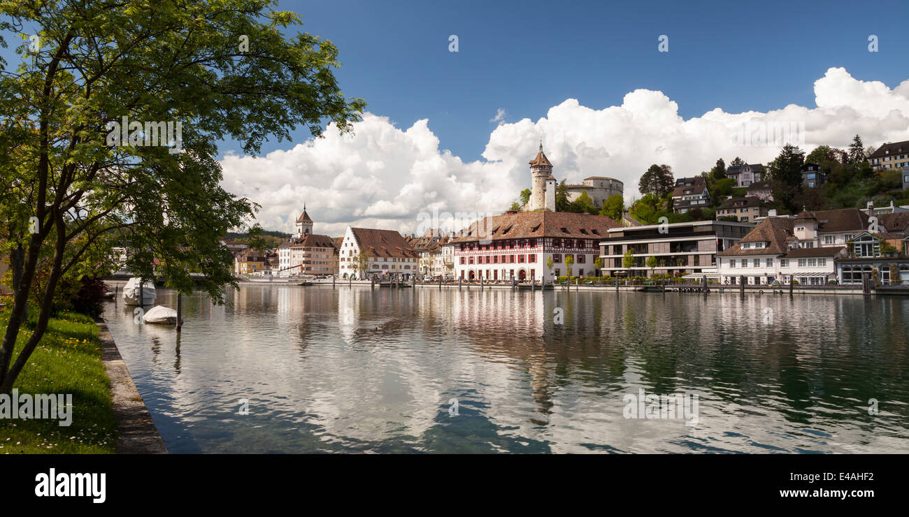 Switzerland, Canton of Schaffhausen, View of Schaffhausen with Munot Castle, High Rhine river Stock Photo