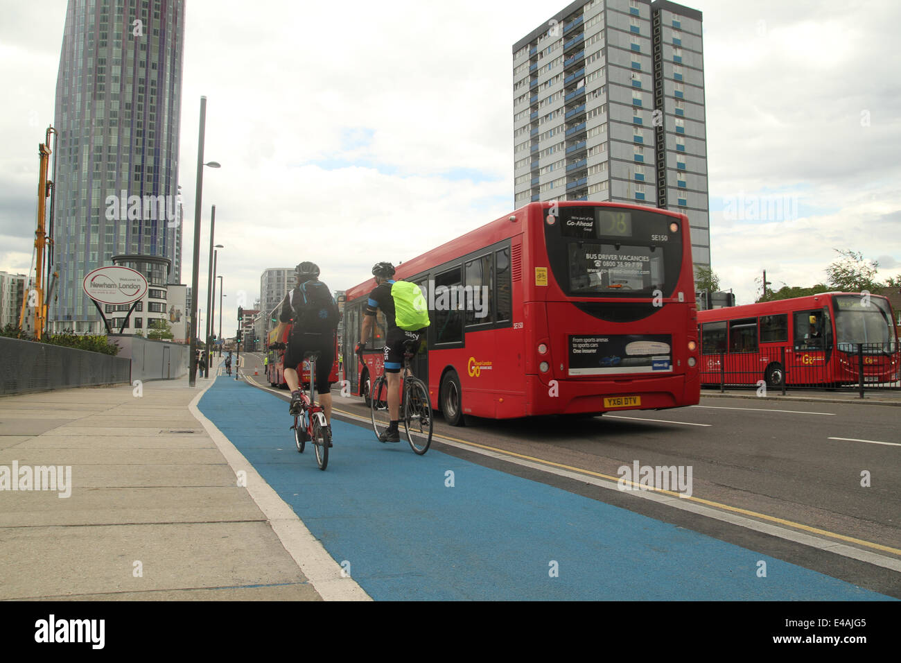 London, UK. 07th July, 2014. London transport buses seen parked on Stratford High Street where the road had been closed since 10 am for the  Stage 3 of the Tour de France. Credit:  Credit:  david mbiyu/Alamy Live News Stock Photo