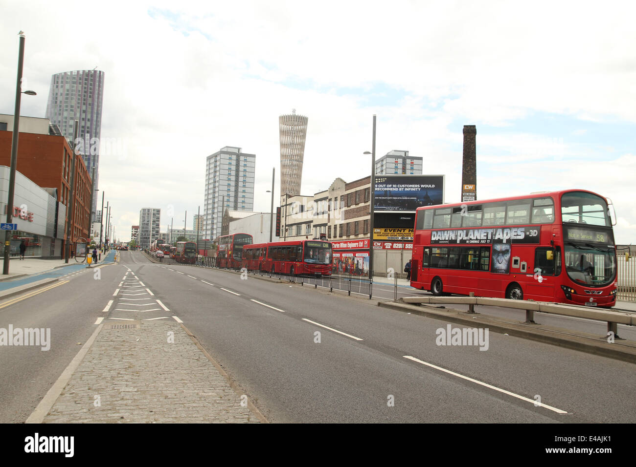 London, UK. 07th July, 2014. London, UK. 07th July, 2014. London transport buses seen parked on Stratford High Street where the road had been closed since 10 am for the  Stage 3 of the Tour de France. Credit:  © david mbiyu/Alamy Live News Credit:  david mbiyu/Alamy Live News Stock Photo