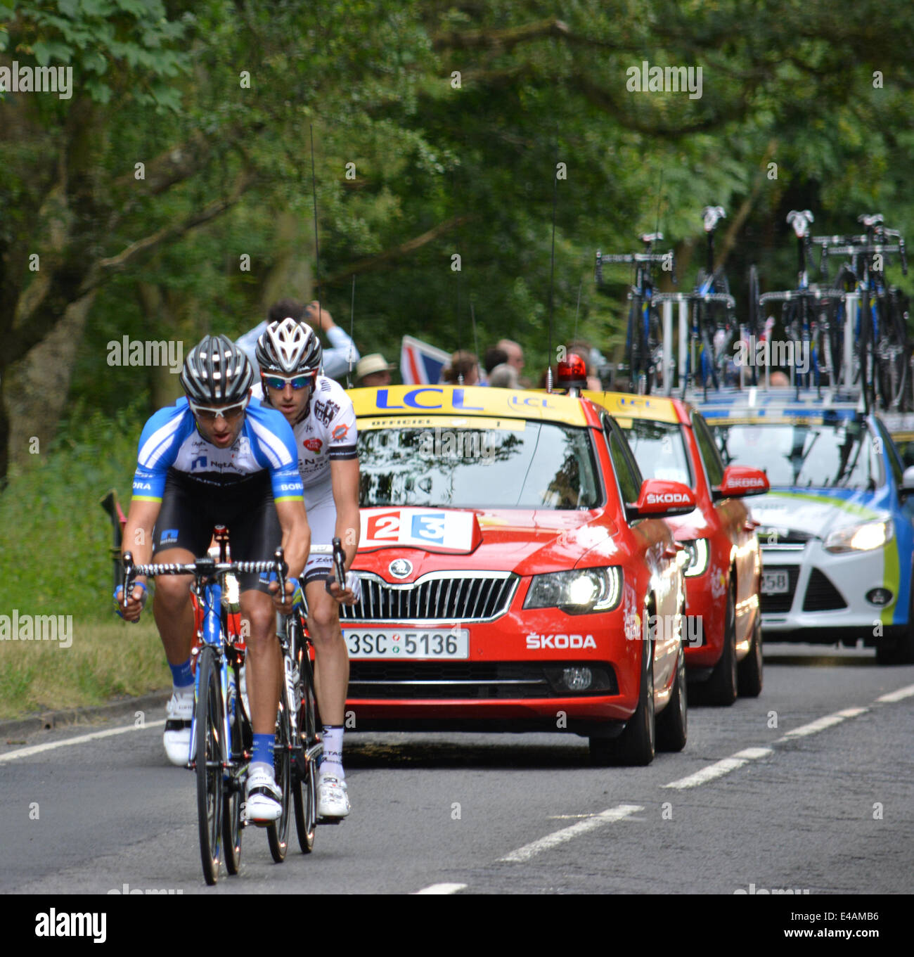 Epping, UK. 07th July, 2014. Tour de France 2014 from Cambridge to London. Participants (Jan Barta leading the way) enter into Epping, Essex on their way to London. 7th July 2014. Credit:  doniphane dupriez/Alamy Live News Stock Photo