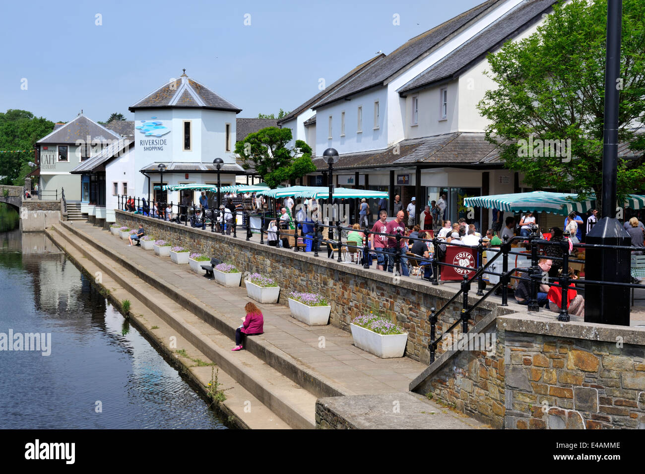 Riverside shopping centre Haverfordwest outdoor market and river Cleddau, Wales Stock Photo