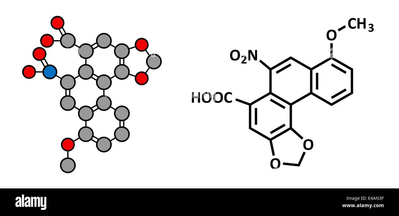 Aristolochic acid plant poison molecule. Has carcinogenic and nephrotoxic (kidney damaging) properties. Found in Aristolochia. Stock Photo
