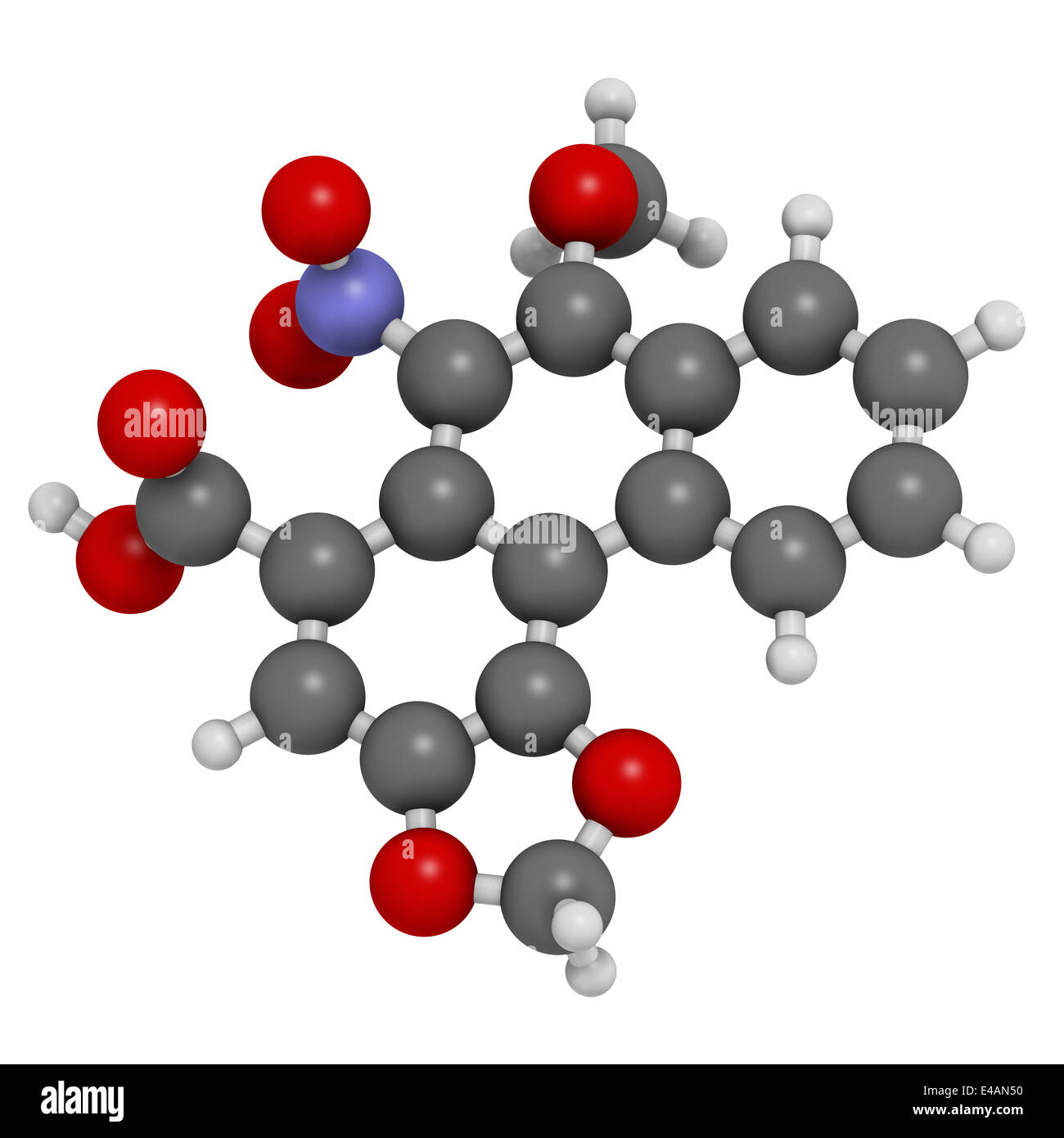Aristolochic acid plant poison molecule. Has carcinogenic and nephrotoxic (kidney damaging) properties. Found in Aristolochia. Stock Photo