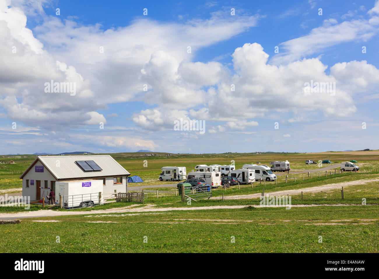 Campsite at Balranald RSPB Nature Reserve, Hougharry, North Uist, Outer Hebrides, Western Isles, Scotland, UK, Britain, Europe. Stock Photo