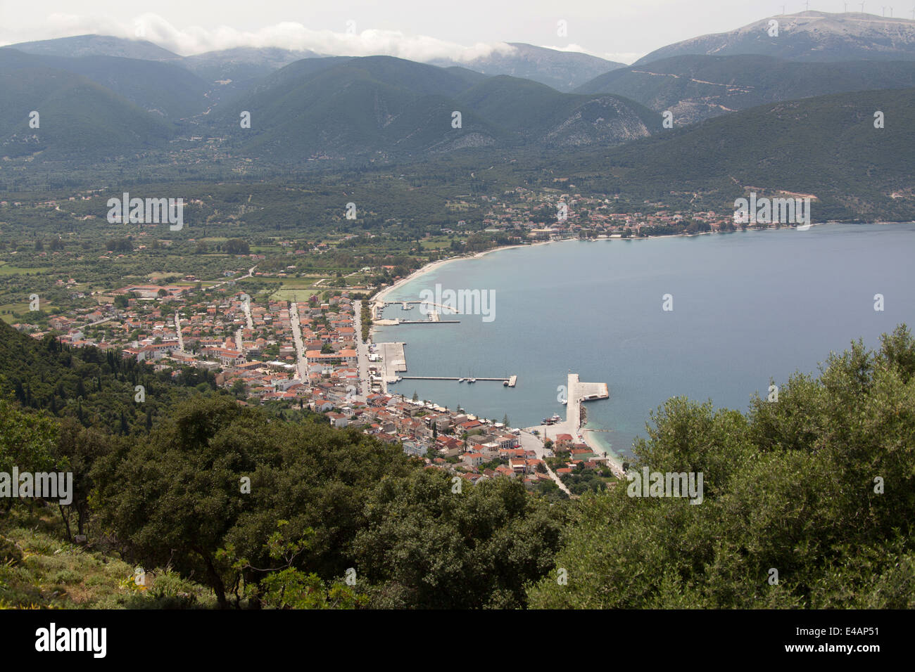 Town of Sami, Kefalonia. Elevated view of the port of Sami on the east ...