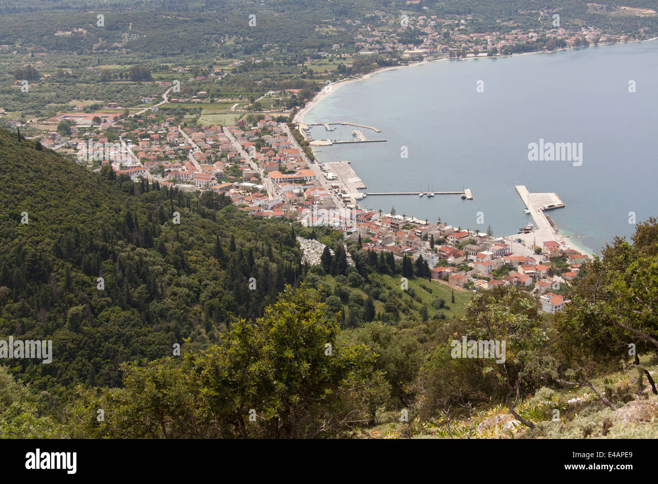 Town of Sami, Kefalonia. Elevated view of the port of Sami on the east ...