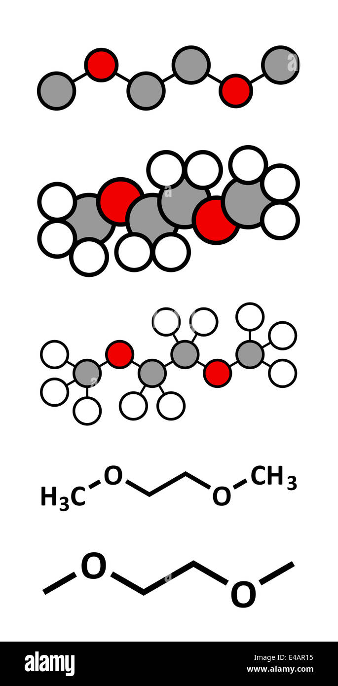 Dimethoxyethane (glyme, DME, dimethylene glycol) chemical solvent molecule. Stock Photo