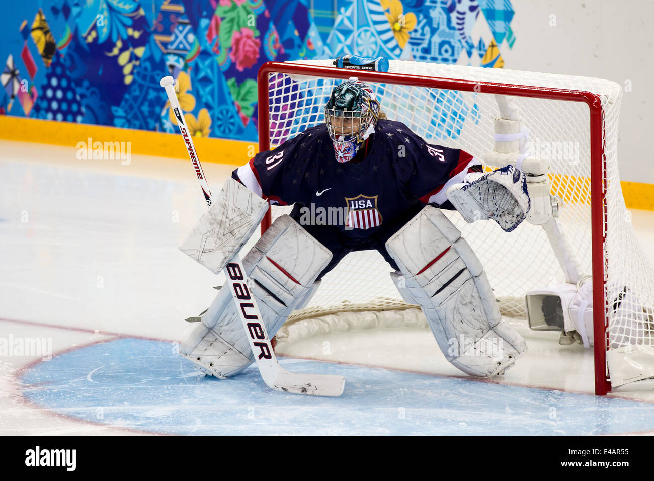 Jessie Vetter (USA) goalie during ice hockey game vs FIN at the Olympic Winter Games, Sochi 2014 Stock Photo