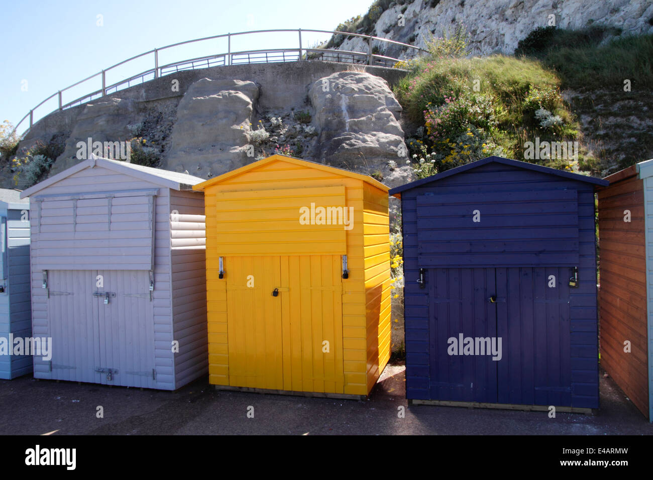 Closeup colourful Beach Huts at Stone Bay Broadstairs Kent Stock Photo