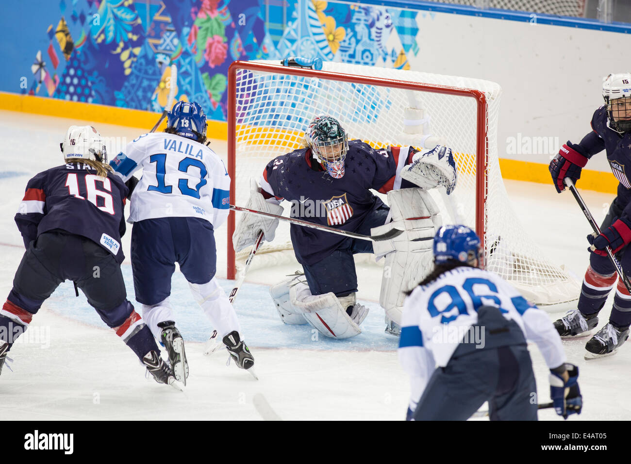 Jessie Vetter (USA) goalie during ice hockey game vs FIN at the Olympic Winter Games, Sochi 2014 Stock Photo