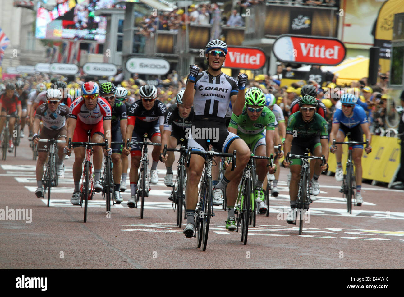 London, UK. 7th July, 2014. German Marcel Kittel of Team Giant-Shimano wins stage three of the Tour De France in the Mall, London, England Credit:  Mark Davidson/Alamy Live News Stock Photo
