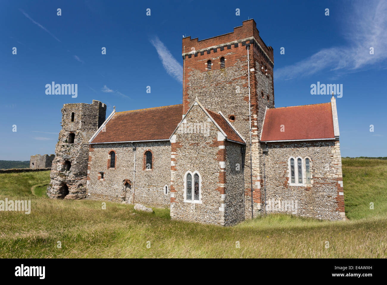 Old Roman Lighthouse and St Mary in Castro Church in Dover Castle Stock Photo