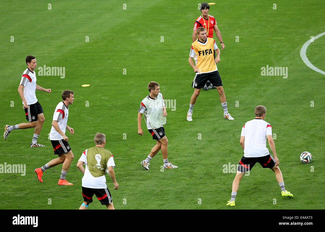 Belo Horizonte, Brazil. 7th July, 2014. Philipp Lahm (4th L) of Germany takes part in a training session in Belo Horizonte, Brazil, on July 7, 2014. Germany will play Brazil in their 2014 World Cup semifinal here on July 8. © Li Ming/Xinhua/Alamy Live News Stock Photo