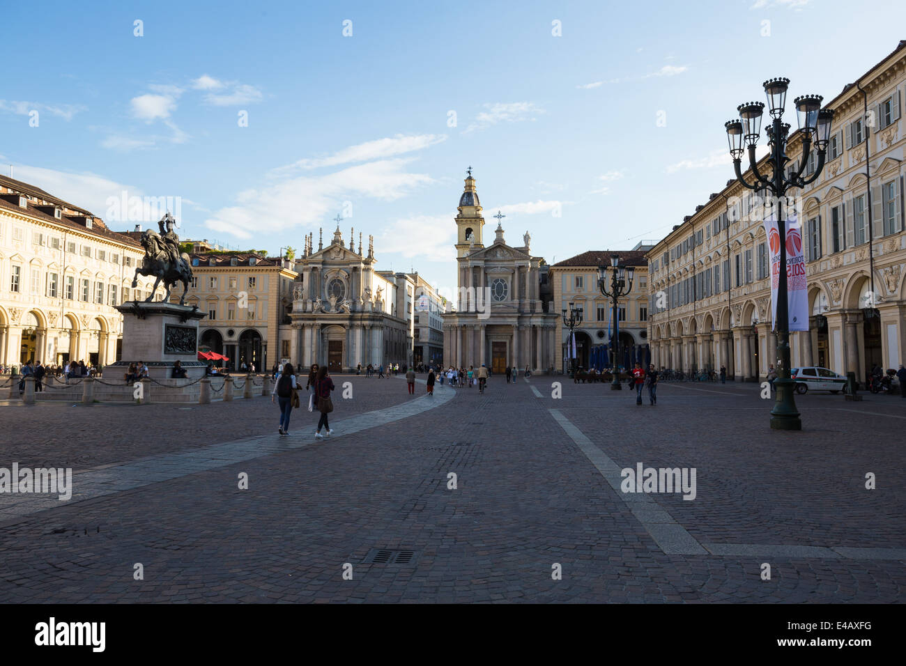 Piazza San Carlo from the North, Turin, Italy. The statue of Emanuele Filiberto on the left and the churches of Santa Cristina (L) and San Carlo (R). Stock Photo