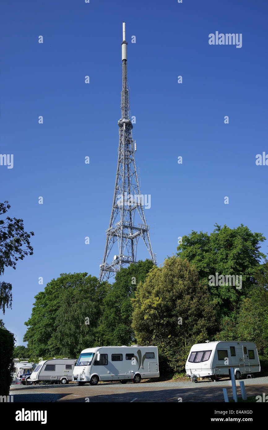 Camping and caravaning in London, UK. The TV aerial mast at Crystal Palace dominates the skyline. Stock Photo