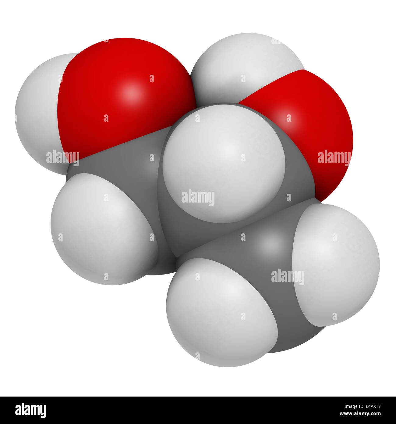 Propylene glycol (1,2propanediol) molecule. Used as solvent in pharmaceutical drugs, as food