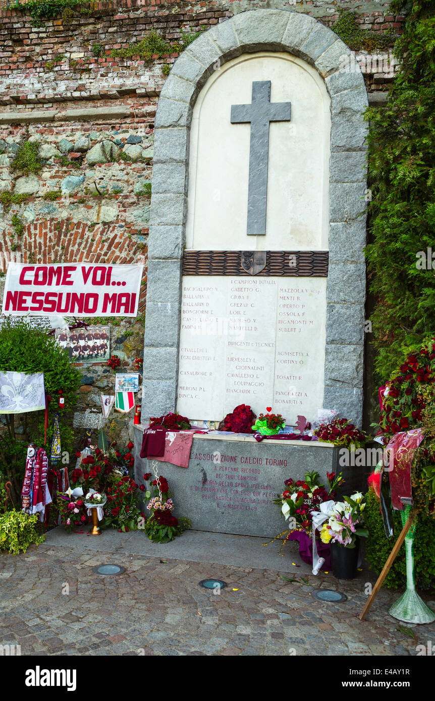 Memorial to the Torino football team killed when their plane crashed into the hill below the Basilica di Superga, South of Turin, Italy. Stock Photo