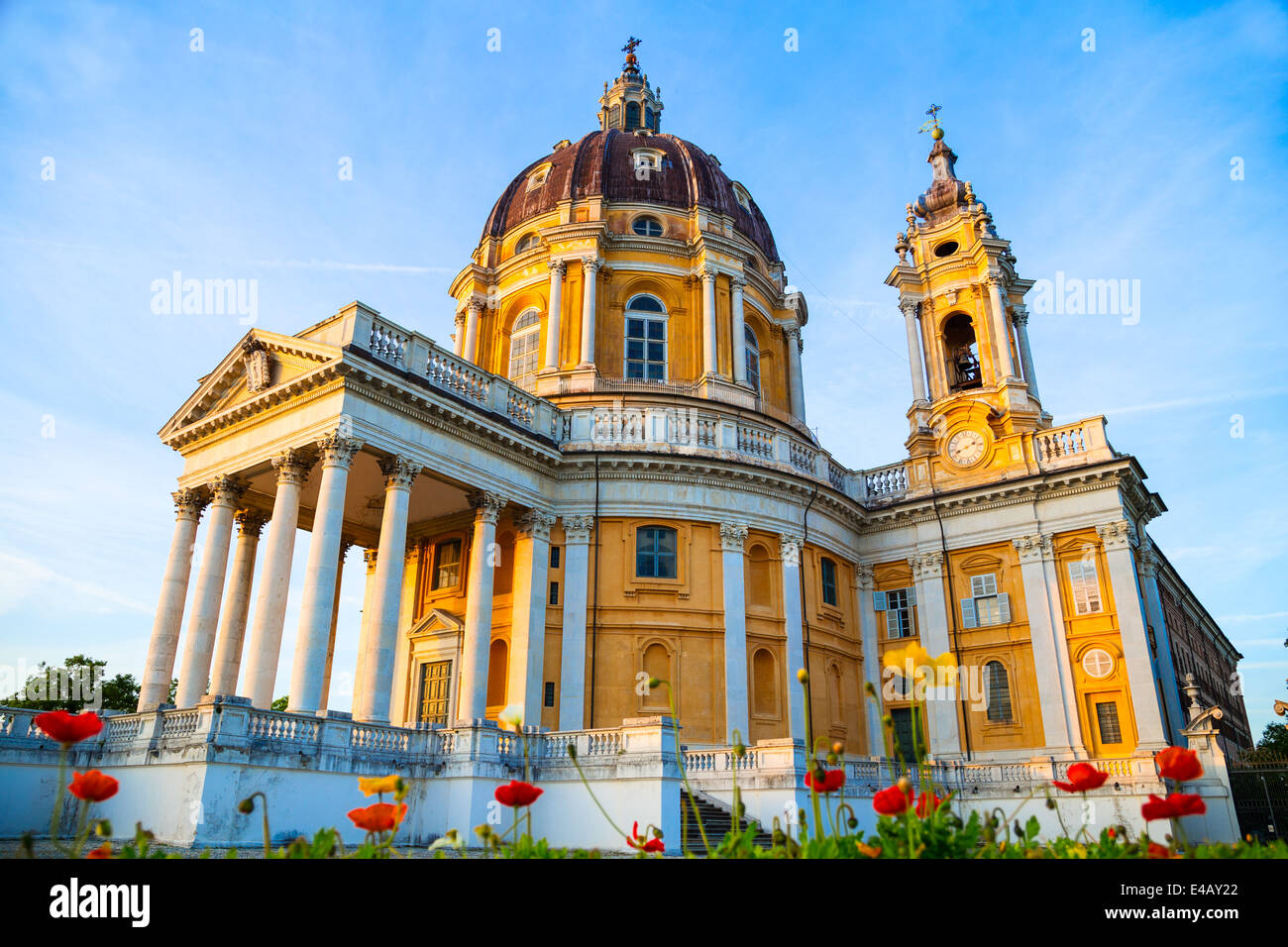 The Basilica di Superga, on a hill to the South of Turin, Italy. It was built for the Savoy family to celebrate victory in the Battle of Turin, 1706. Stock Photo