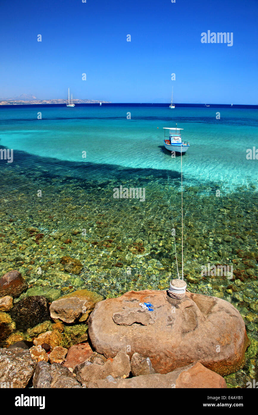 Fishing boat and yachts at Kamari, Kefalos bay, Kos island, Dodecanese, Aegean sea, Greece Stock Photo